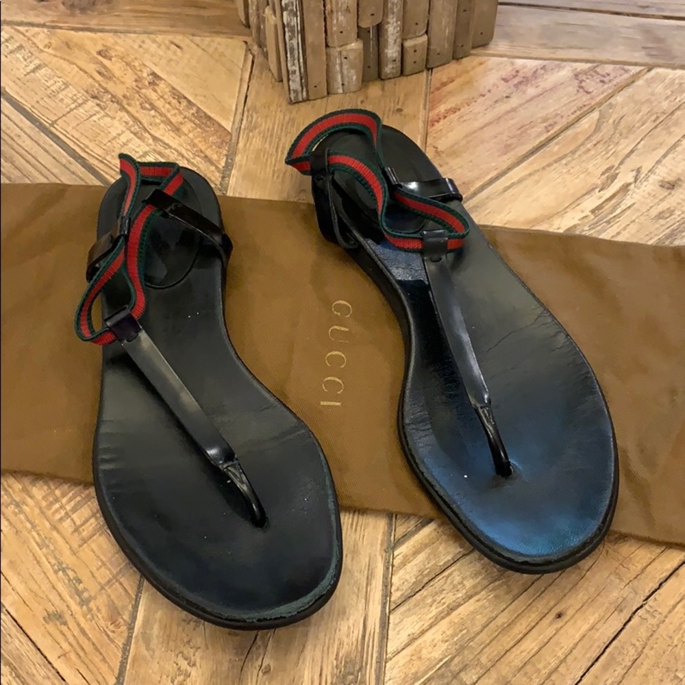Gucci Black Sandals with Red Green Accents